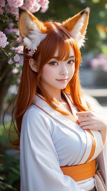 masterpiece, Highest quality, Very detailed, One girl, alone, (:3:0.9), Animal earsの毛, Animal ears, Orange Hair, Fluffy hair, blush, Brown eyes, flower, Fox Ears, Fox Girl, Slope, Slope background, hair flower, hair ornaments, kimono, kimono, View your viewers, Shrine maiden, smile, alone, white kimono, Beautiful lighting,Beautiful Face,Big Breasts,Muscular,Glare,Topless,