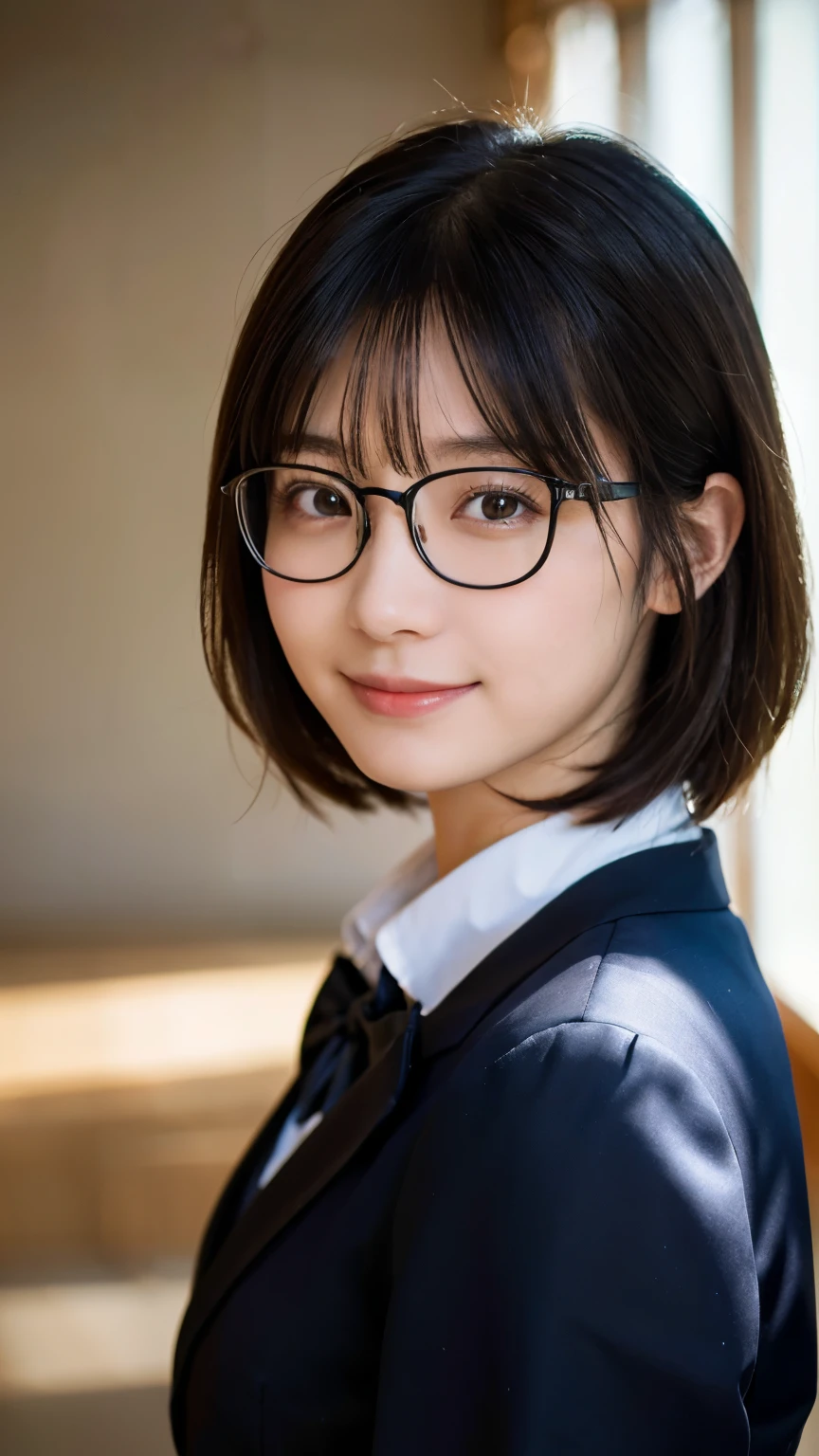 (Highest quality,masterpiece:1.3,Ultra-high resolution),(Very detailed,Caustics,8k),(Realistic:1.4,RAW shooting),A girl dressed as a butler,Japanese,boyish,smile,20-year-old,Short black hair,Glasses,Looking into the camera,Inside the Western-style building,Waist up shot,front,Face Focus,Face close-up,(Warm Light),Professional Writing