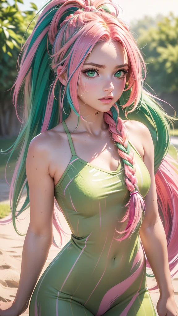 (Best quality, 8k, 32k, raw photo, Photorealistic, Photoreal, UHD:1.2), lifelike rendering, 1 young cute girl, (streaked Green and pink hair:1.4), very long hair, Dynamic hairslyte, (braids, ponytail) (green eyes:1.4), realistic portrait, (random pose), (dynamic angle)