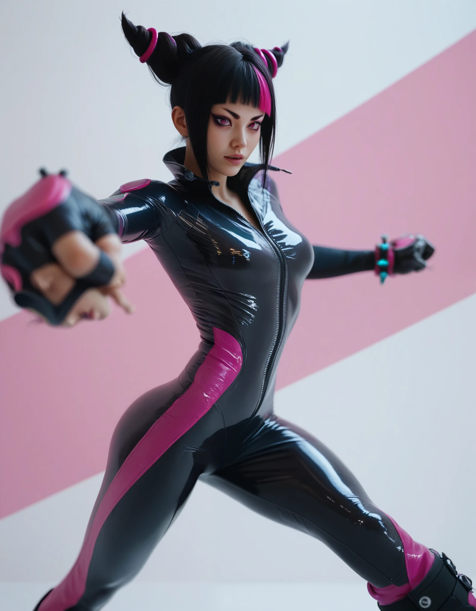 Digital illustration featuring a female character Juri in a dynamic pose, performing a high kick. The character has a fair skin tone and striking facial features, including sharp eyes with purple makeup and a confident expression. She has long, black hair styled into two high, twisted buns with pink highlights. She is dressed in a form-fitting, futuristic bodysuit that is predominantly purple with pink accents, including gloves and boots. The suit has a glossy, latex-like texture, emphasizing the character's athletic build. The background is minimalistic, with abstract purple and white swirls, adding a sense of motion and energy to the composition. The artist's signature is visible in the bottom right corner. anime, anatomically correct, super detail, high quality, 4K