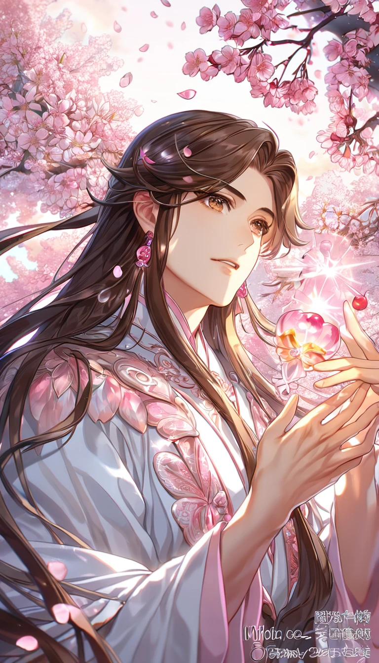 absurdres, highres, ultra detailed, HDR, master piece, best quality, extremely detailed, Xie Lian, brown hair, long hair, expressive brown eyes, Heaven Official's Blessing, solo, sexy man, handsome, sensual, white robes, magical, sparkling, pink glittering fireflies, pink ice, pink ice butterflies, pink ice petals, pink ice cherry blossoms, pink crystal