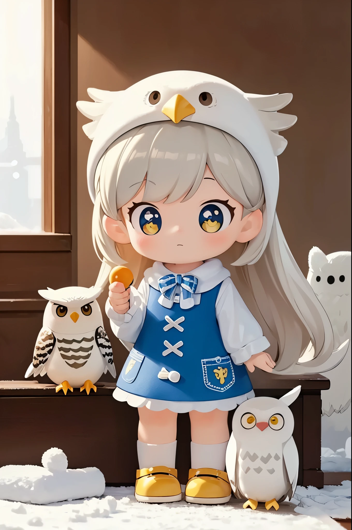 (masterpiece:1.2, Highest quality,High resolution,Super detailed),(Photorealistic Stick),8k,wallpaper,A woman wearing a snowy owl stuffed toy,cute,A charming face,There is no motivation