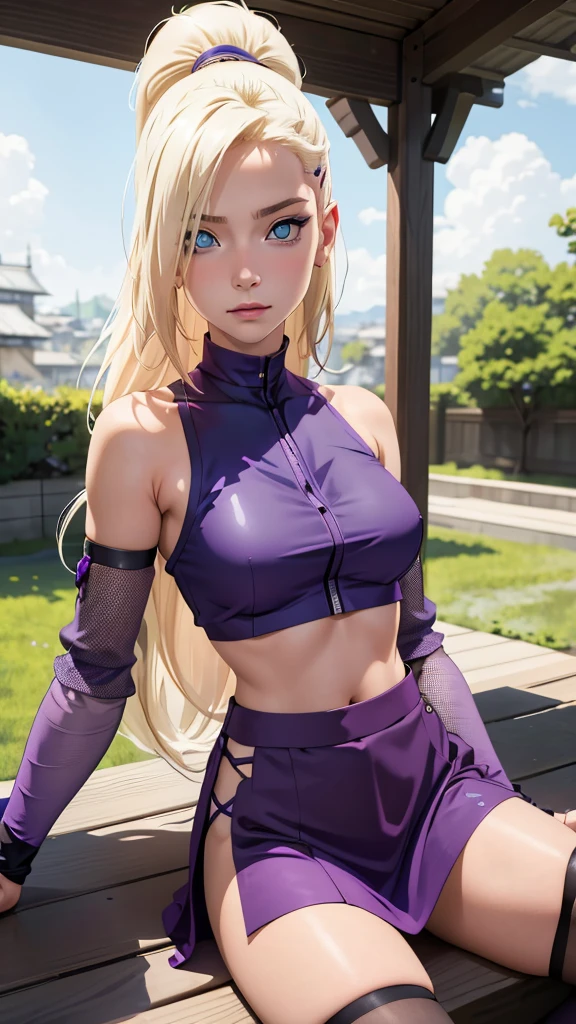 (masterpiece), best quality, expressive eyes, perfect face, 1 girl, solo, yamanaka ino, blonde hair, blue eyes, purple crop top, separate sleeves, purple skirt, mesh sleeves, , meshes, outdoors, natural lighting, portrait, looking at viewer,