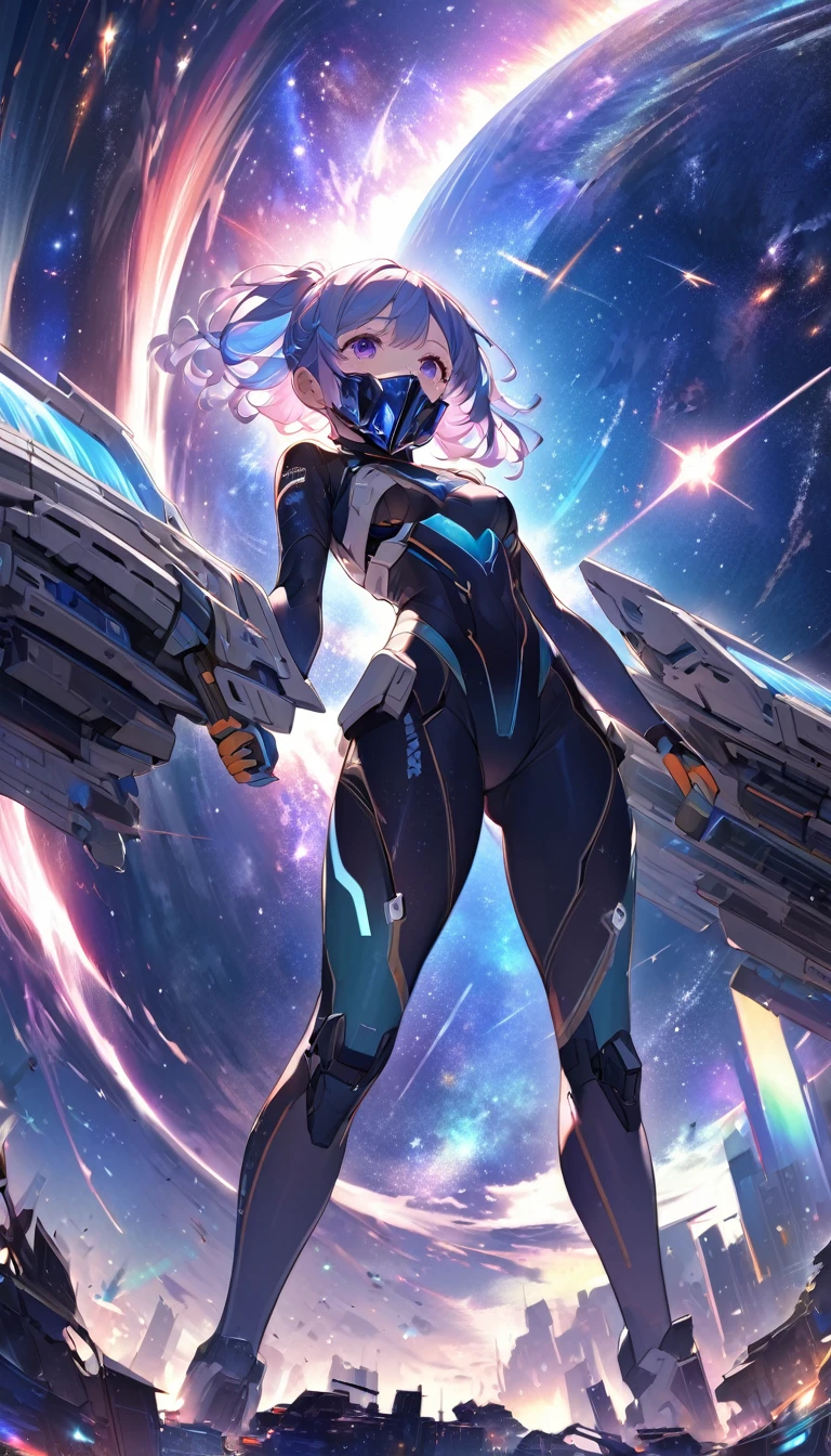 from below, beautiful space Squadron girl, beautiful face hidden by metal plated cool mask, covered in tattoos, great proportion, tight fitting combat uniform, background destroyed space city, galaxy, iridescent cosmic rays, 2.5D, delicate and dynamic, art, Cute Girl