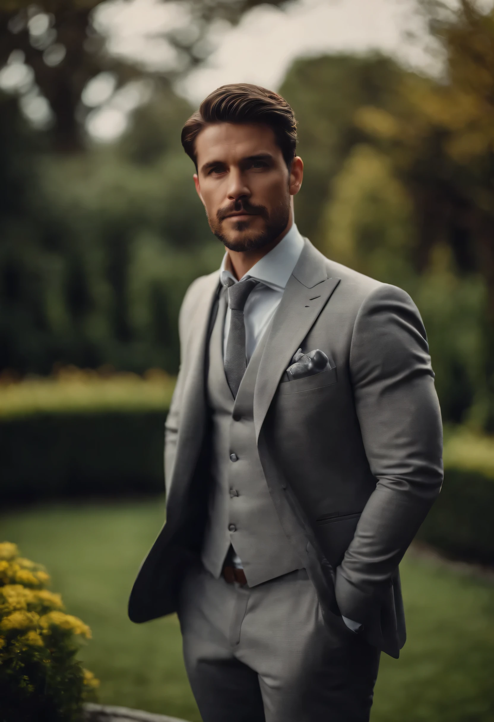30 year old man wearing gray suit, bonitas, portraite, garden background