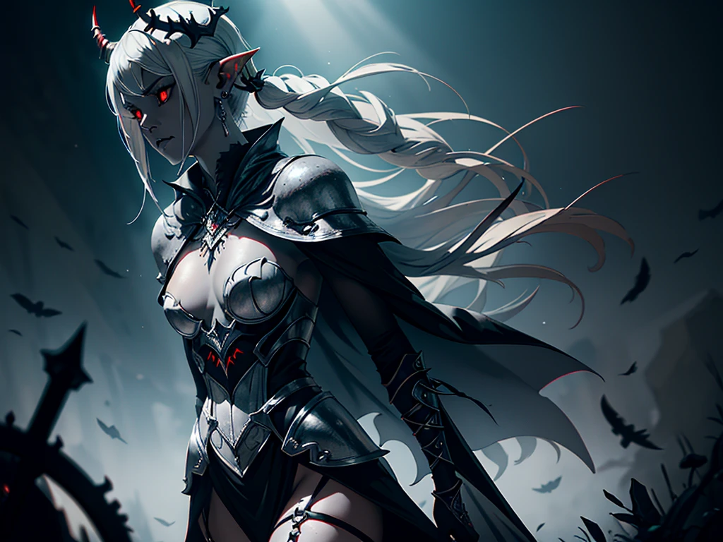 1girl, horror, dark elf princess, elden ring, (dark grey skin:1.5), true white long ponytail, ((perfect red eyes)), elf ears, earrings, detailed blood, highly detailed mechanical horns, (small breasts), ((black gothic prom dress)), wearing black fur cloak, bone armor, skull armor, volumetric lighting, ethereal fog, dark background, ultrasharp, best quality, masterpiece, realistic, anatomically correct, (strong cinematic lighting), ((rim lighting)), stunning details, intricate details, 8k post-production, high resolution, super details, sharp focus, depth of field f/1.8, studio photos, (((looking in the distance)))