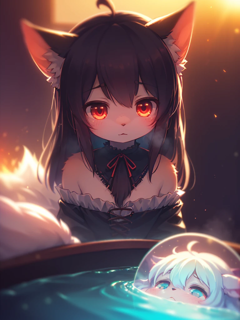 (Sumilux f1.4 50mm , low Latitude old color negative film , cross process , bokeh, flare, chromatic aberration , soft focus, (Shallow focus) , soft glow , Maximum aperture, low Key , Transparent depiction)  , kawaii horror, vampire girl waking up, messy hair , in the coffin