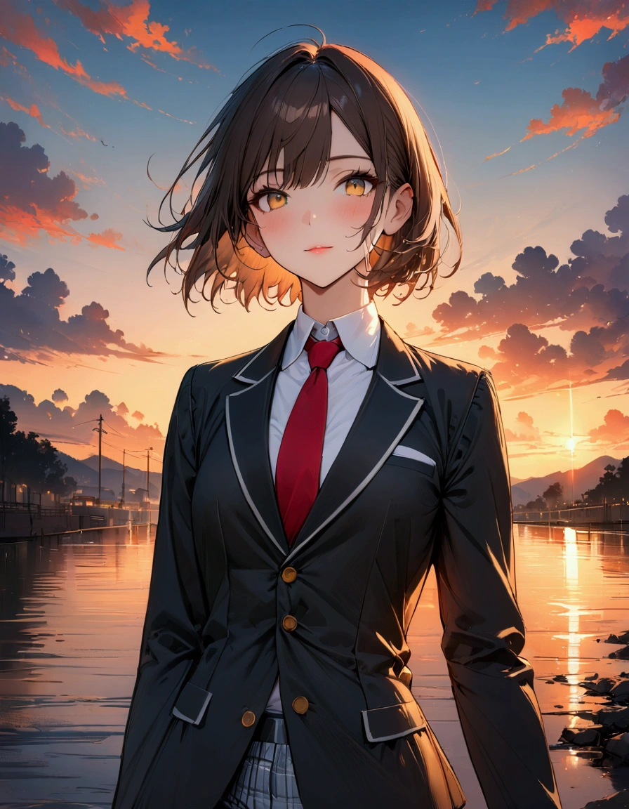 (masterpiece:1.3),(最high quality:1.4),(Very detailedな:1.5),High resolution,Very detailed,8k,artwork,High level of detail,rendering,high quality,Wide range of colors, Beautiful illustrations, (Natural Side Lighting, Cinema Lighting), View your audience, Cowboy Shot, Front view, Anime Men、good looking、 Japanese high school students, Perfect Face, Nice, Symmetrical face, Brown Hair,short hair、 Golden Eyes, Beautiful attention to detail,Nice体, refer, (((ネイビーblazer, blazer), White shirt, Light blue checked pants, Red tie),
(Beautiful views), evening, River side, walk, Cool face,