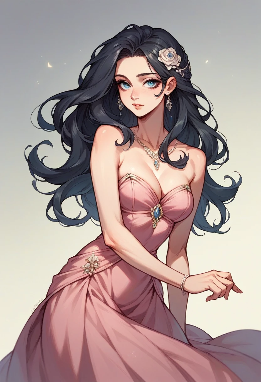 Beautiful girl with long black hair and blue eyes, fair skin and elegant but conservative pink dress
