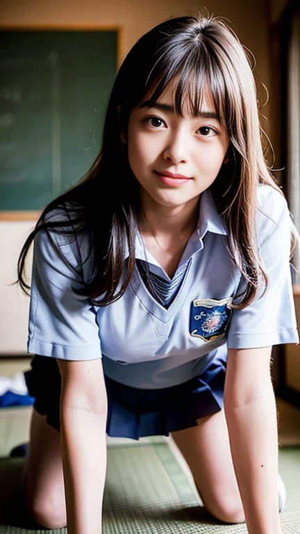 8k, RAW Portrait (Japanese women),masterpiece、Photorealistic:1.3、Realistic, Ultra-high resolution, Highest quality, Real Life Photos , (((A girl lifts her skirt in the room to show her ass)))、((Please lie face down.:1.5))、(Beautiful Face:1.1),((Japanese schoolgirl))、((Genuine ))、((Japanese High School Uniform:1.6))、(Pleated skirt)、In the classroom、 ((Dark brown eyes:1.2))、(Realistic skin texture:1.3)、(Immersive atmosphere:0.8、Chiaroscuro:1.2) 、(Viewer:1.3)、((Embarrassed look))、((blush:1.3))、((From belowの天井:1.2))、(smile:1.2)、((((She's wearing very small white panties))))、((Panty shot))、((A woman rolling up her skirt))、((From below:1.4))、((Ass close up:1.42))、((Hipshot))、((Spread your legs out to the side:1.4))