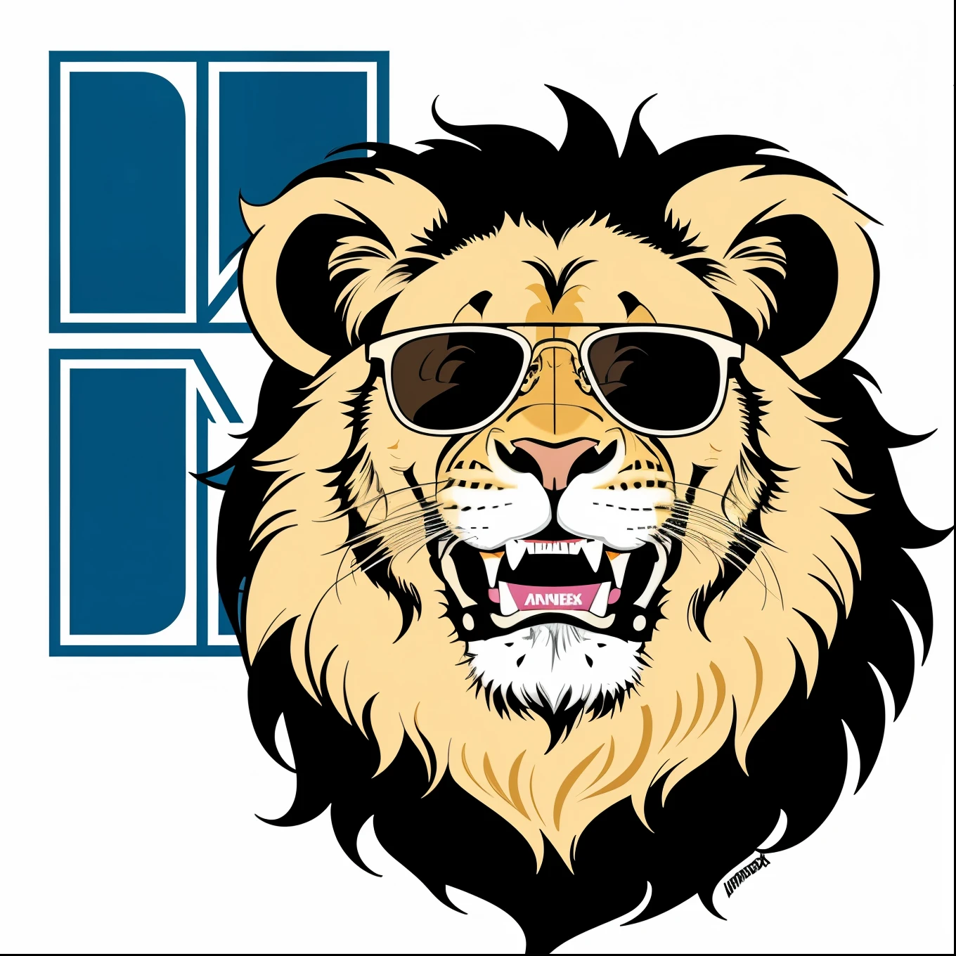 (Lion),(Cartoon),(Cartoon Network), (animated cartoon),((VEXX)),(Grinning ), Um Lion sorrindo em um logotype de ícone , logotype, with thick lines and front view, vector, White background, wearing sunglasses , Cartoon, street ART, graffit