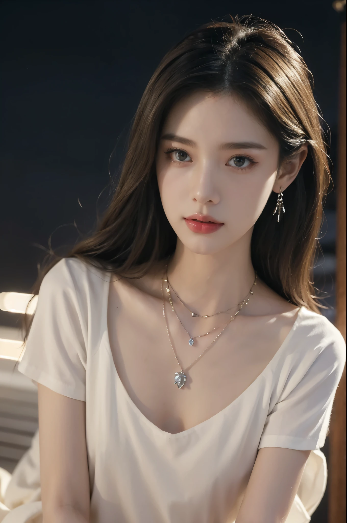 (((best quality))), (((ultra detailed))), (((masterpiece))), illustration,((1beautiful girl,solo)),((slim,thin)),((small breasts,flat chest)),sitting, movie theater, dimly lit,(night scene:1.3),((white short-sleeved shirt, long flowing skirt)),(medium straight lob hair:1.2),((earrings,necklace)), illuminated face, soft glow, smooth fair skin, gentle smile, lips parted, savoring moment, empty theater, few audience members, peaceful atmosphere, soft hum, movie dialogue, rustle of popcorn, absorbed in film, lost world, stylish attire, comfortable,flowing fabric, slender legs, movie progress, eyes never wavering, vision beauty grace, essence summer, tranquil moment, simple pleasures, magic summer night,((from front,upper body))