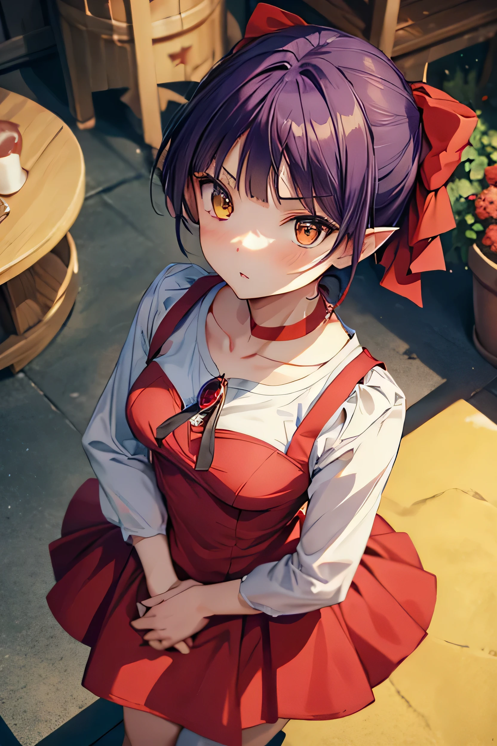 masterpiece,Highest quality, Highest quality, Perfect Skin, Beautiful attention to detail,Detailed face,Dynamic Lighting,One Girl,View your audience, nmm1, nekomusume, nekomusume \(gegege no kitarou 6\), One Girl, Purple Hair, Yellow Eyes, alone, Red dress, Red choker, Hair Ribbon, Pointy Ears, short hair, White shirt, Long sleeve, Red Bow, bangs, clavicle, brooch, jewelry,discovery, Face Focus,  Focus on the audience, Looking at the camera, Hands on hips,  ((Looking up at the viewer)), masterpiece