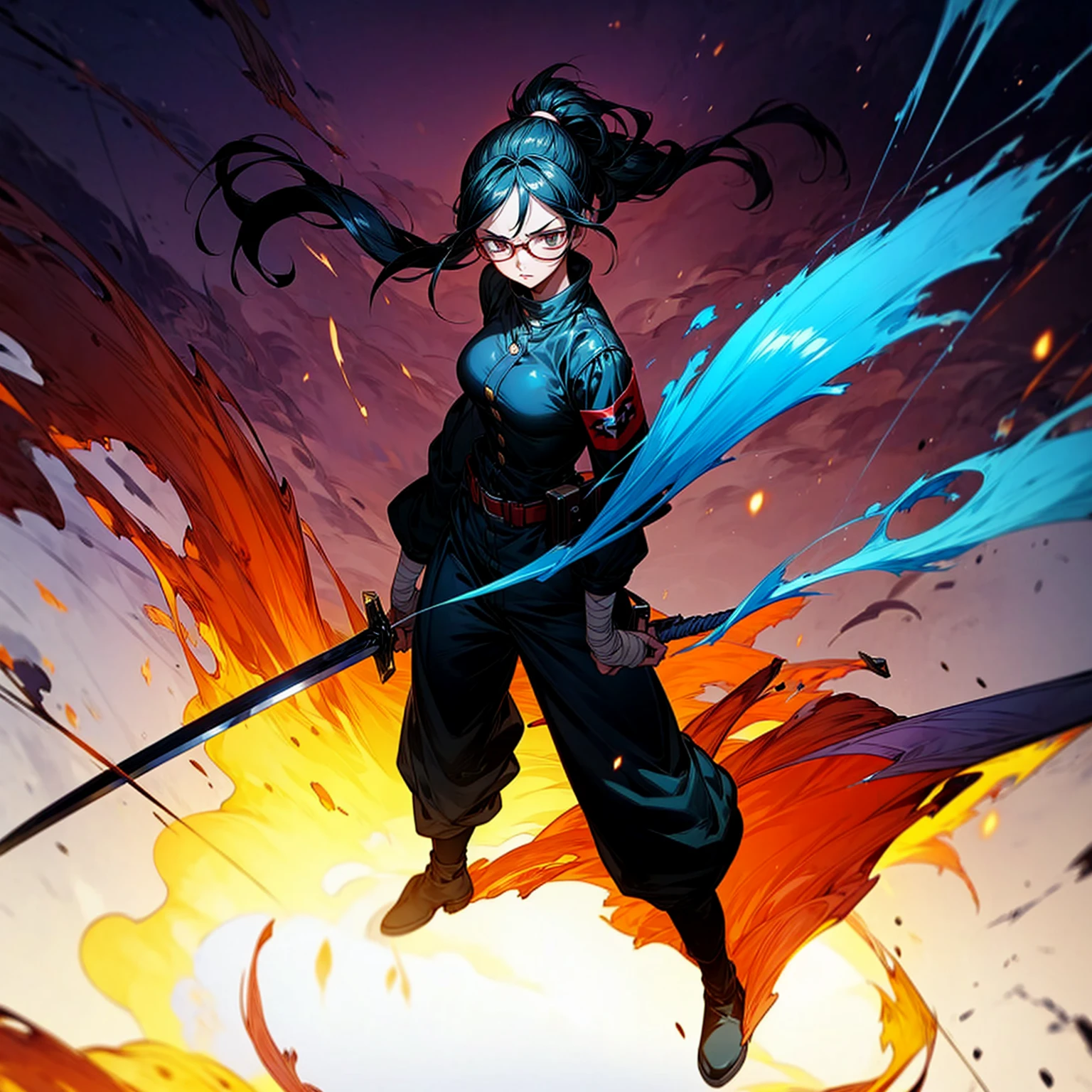 Grassroot, full body version, solo, girl, glasses, black colour hair, ponytail hair, brown eyes, sad eyes, red lipstick, soldier clothing, bandage, belts, long pants, boots, shadow, (Hunter x Hunter style art), standing gesture, sword in hand, Fire on sword, light fire on sword, smoke effect, plasma effect, blood on background, lighting effect on eyes, motion blur 