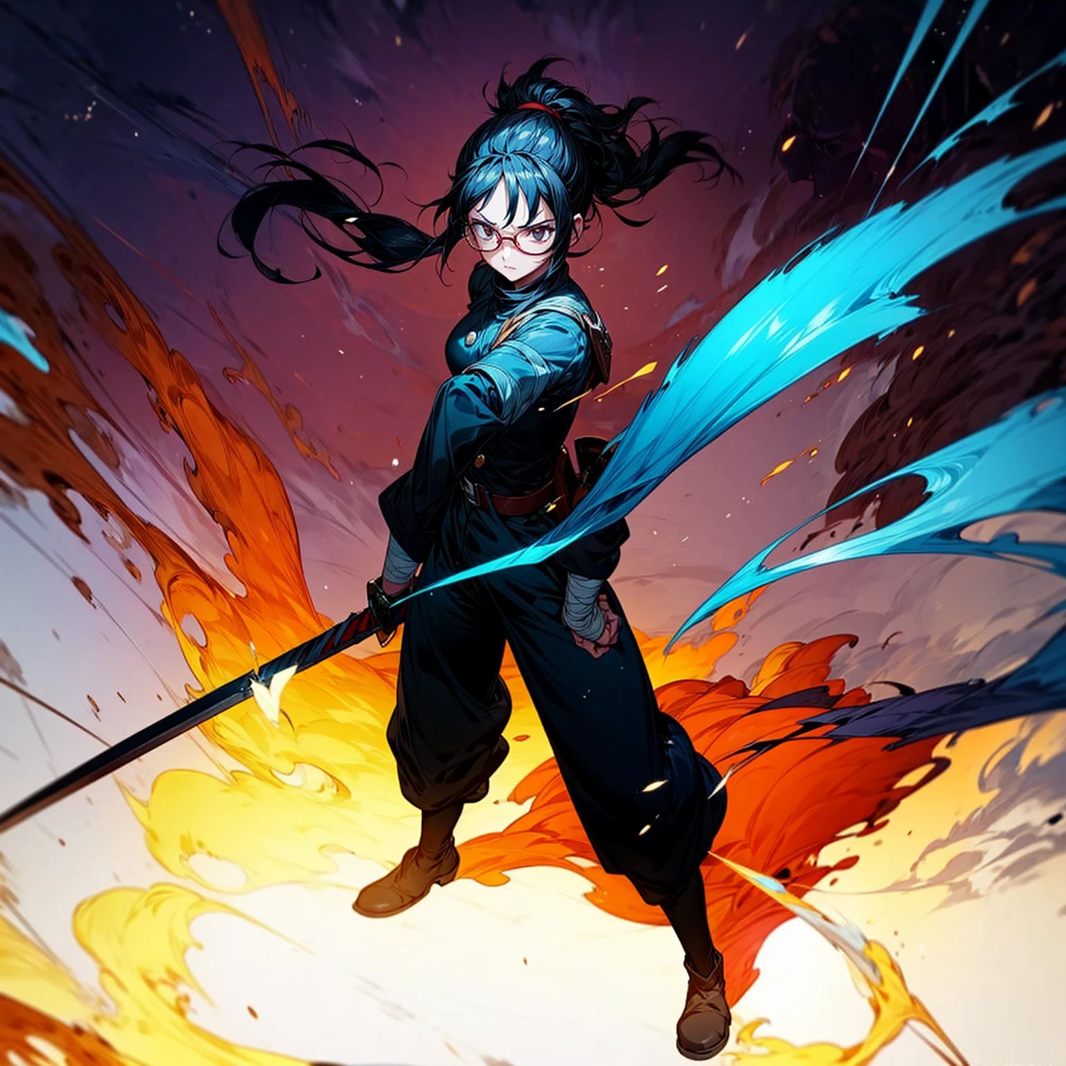 Grassroot, full body version, solo, girl, glasses, black colour hair, ponytail hair, brown eyes, sad eyes, red lipstick, soldier clothing, bandage, belts, long pants, boots, shadow, (Hunter x Hunter style art), standing gesture, sword in hand, Fire on sword, light fire on sword, smoke effect, plasma effect, blood on background, lighting effect on eyes, motion blur 