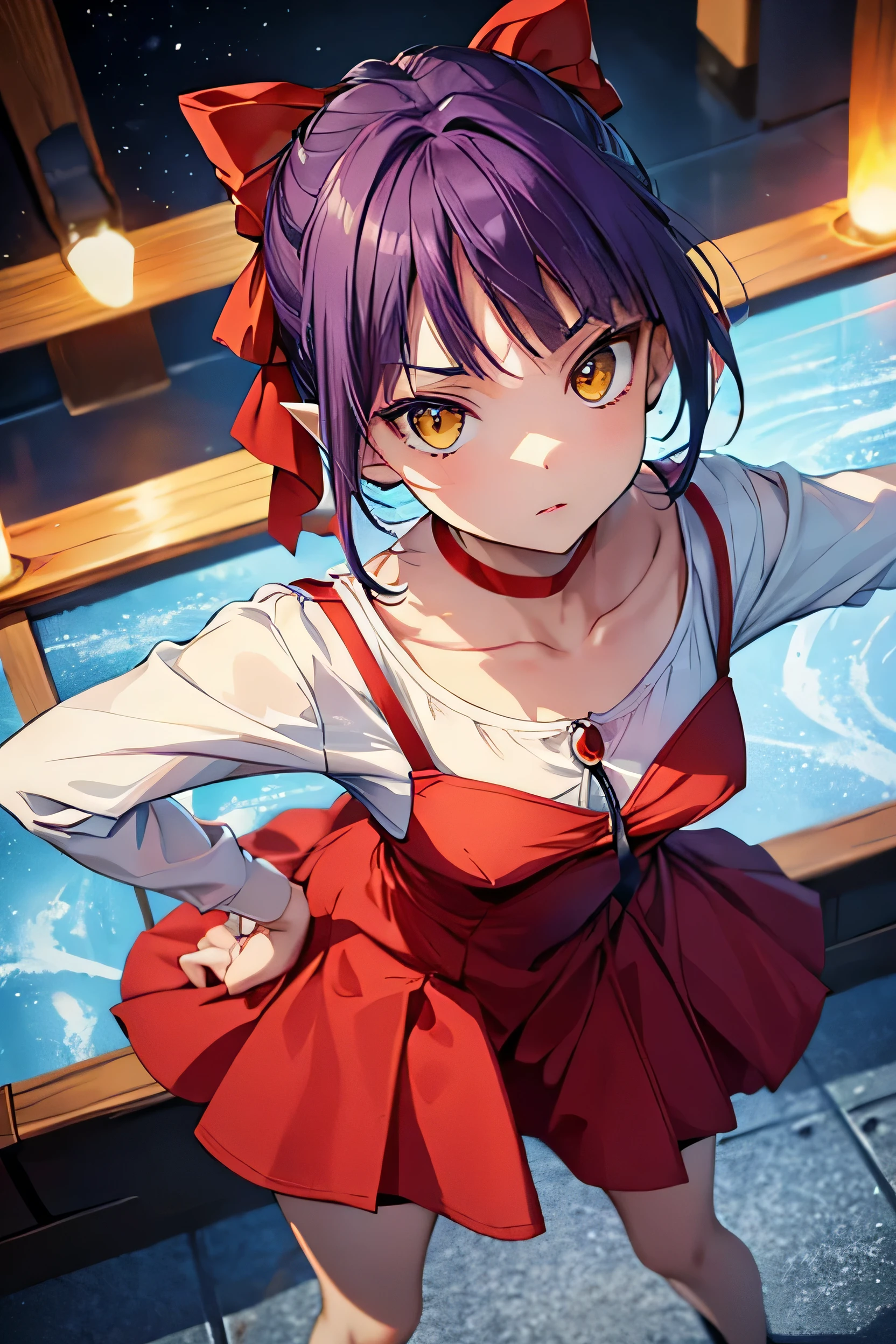 masterpiece,Highest quality, Highest quality, Perfect Skin, Beautiful attention to detail, Detailed face,Dynamic Lighting,One Girl, View your audience, front, nmm1, nekomusume, nekomusume \(gegege no kitarou 6\), One Girl, Purple Hair, Yellow Eyes, alone, Red dress, Red choker, Hair Ribbon, Pointy Ears, short hair, White shirt, Long sleeve, Red Bow, bangs, clavicle, brooch, jewelry,discovery, Face Focus,  Focus on the audience, Looking at the camera, Jaw rises, Hands on hips,  ((Looking up at the viewer)), masterpiece