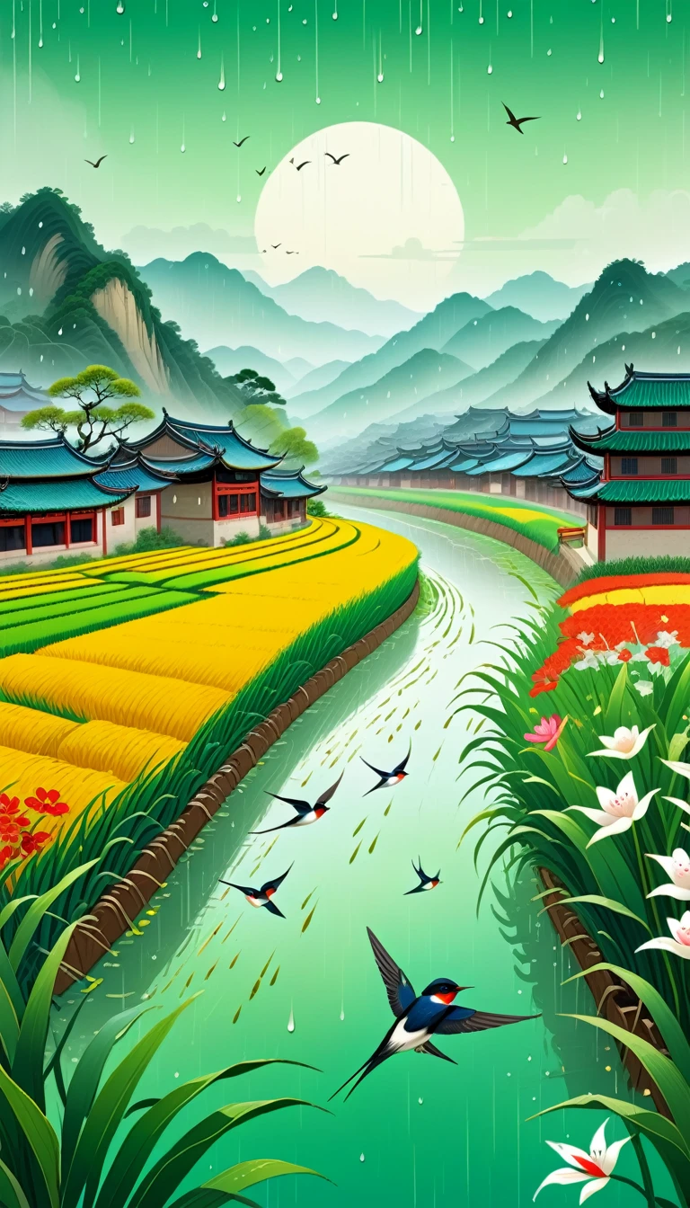 Qingming Festival Chinese countryside, plants and flowers, swallows, wicker, rice field, light rain, river, bright, spring green, bright background, blank at the top of the frame, flat illustration, Victo Ngai style,The background at the top of the screen is blank