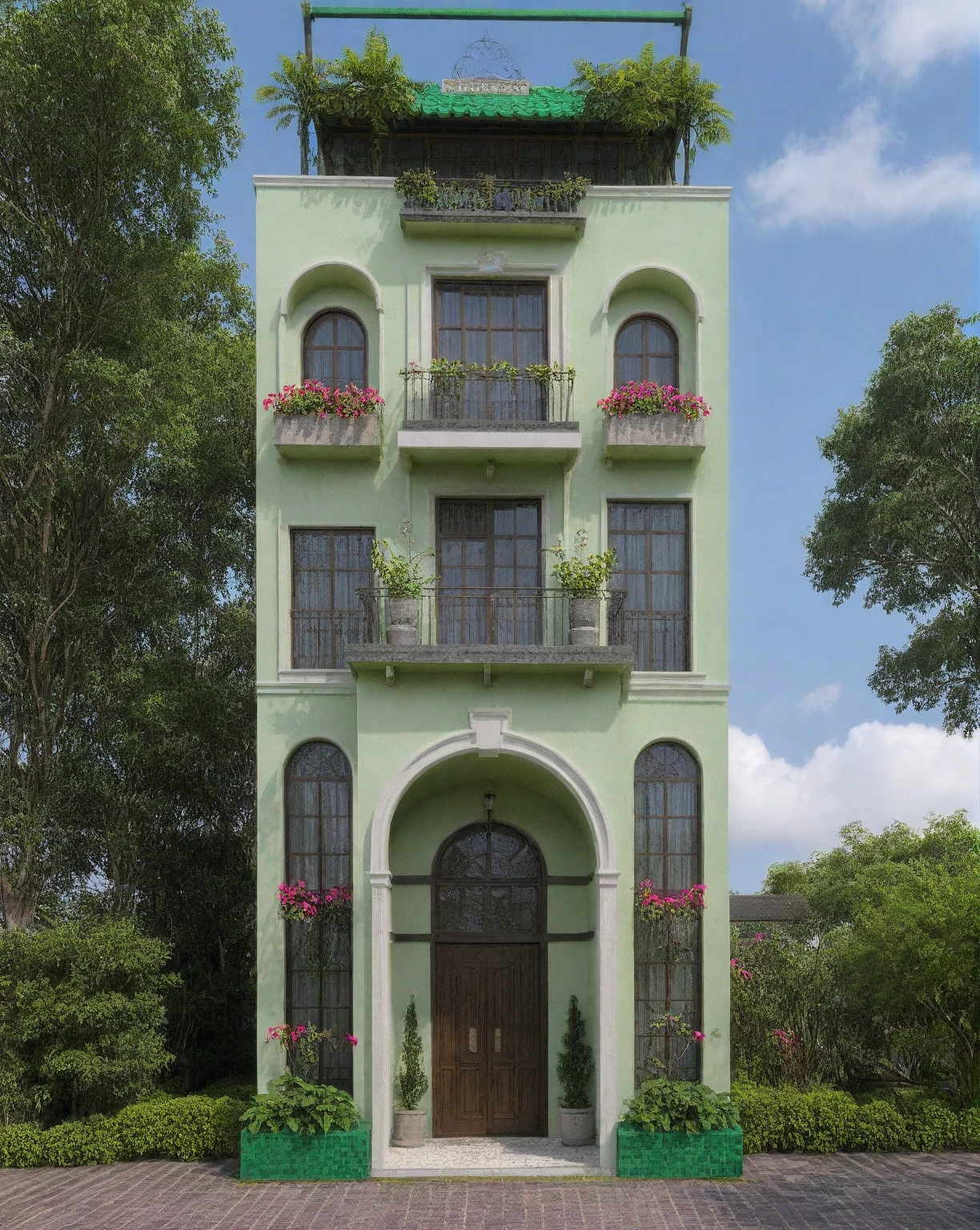Raw photo,Masterpiece, high quality, best quality, authentic, super detail, exterior, outdoors, house style indochine, Many bougainvilleas along the road ,aiaigroup road,pavement, grass, trees, sky, cloud, (day:1.1), vivid colour ((green tile roof:1.3))