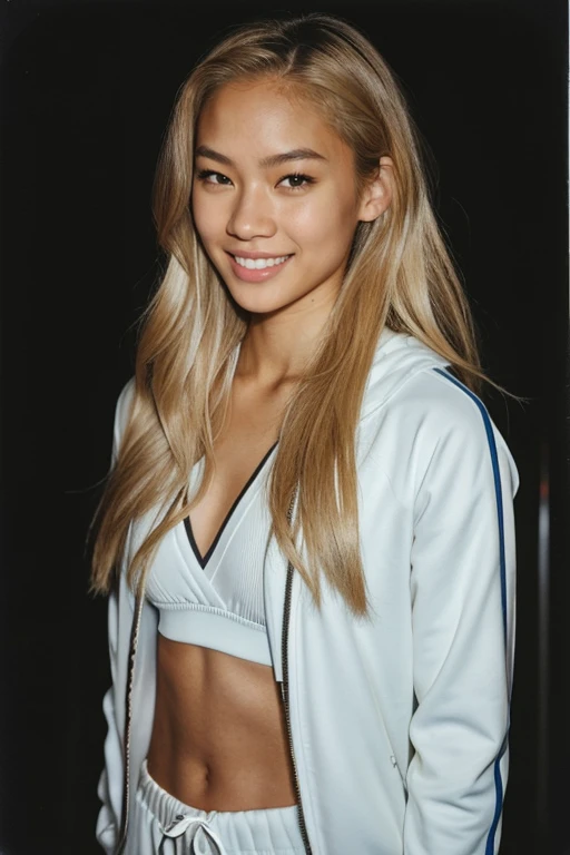 arafed instagram supermodel, biracial features, mid-length blonde hair, pale skin, perfect face, looking hot, olympian swimmer model body, tyla, jennie kim, harsh polaroid flash, vintage quality, in the night, dark background, one girl, vogue in the parkmillionaire homely . jogging suit inspired outfit happy smiling