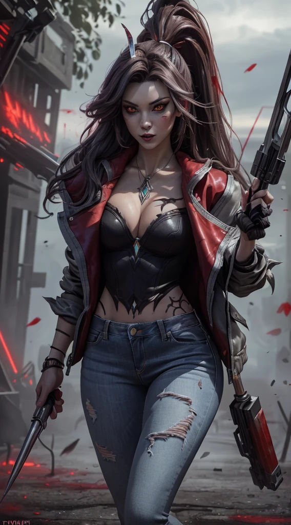 (Ashenhardt style:1.4), work of art, best qualityer, high qualiy,(Red eyes with dark red glow), (no profile), Abstraction, deepsea, rewarded photography, Depth of field, HDR, very detailled, Trends in the art season, trends at CGSociety, Complex, high détail,(work of art: 1.2, mais high qualiy), (better lighting, Very delicate and beautiful), (better lighting, Very delicate and beautiful), (beautifull detailed face), (detailed eyes and detailed face:1.2), black fantasy, (Youngh, 1 girl, standing alone, crazy grin, pale skin,G-cup,neckleace,19 piercings,((tattoo all over body,tribal tattoo all over foot)) gray hair, eerie glowing red eyes, dynamic angle, vampyre), ((back Artistic painting on the floor, pointy_ears, fangs, blood in The face, blood rain, blood mist, (Depth of field),hight contrast,(blood splash:1.4),cowboy shot,whole body, colorful poses,(('s uniform,blazer,mini skirt with ruffles,light colored panties:1)),cowboy shot,jeans jacket, very short clothes, visible , NSFW