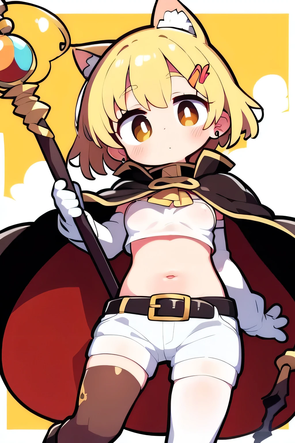 blonde hair, short hair, brown eyes, hair ornament, small_breasts, crop top, long sleeves, (covered navel), (brown bodystocking), bodysuit, cape, yellow gloves, belt, white shorts, white boots, jewelry, holding staff,