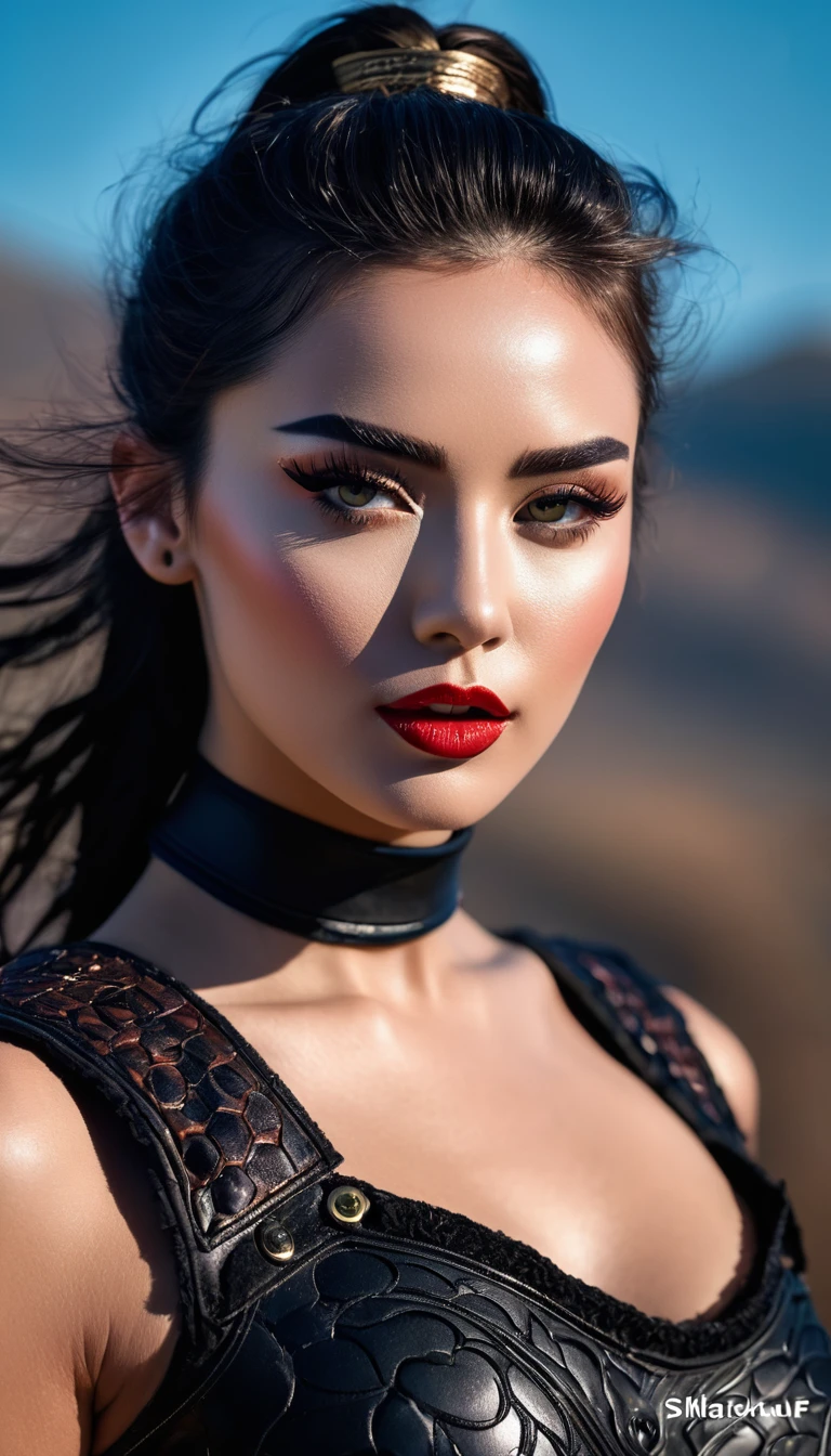 1 extremely beautiful female model, perfect body. Photo taken with Canon EOS R5 85mm f/11 camera, shooting mode ((sharp)) people and surrounding scenery. Photo quality ((8K)), ((lifelike)), ((masterpiece)), ((sharpest and highest contrast)), ((large depth of field)), ((stereoscopic light)). ((Girl in warrior style makeup, high-end cosmetics makeup)).