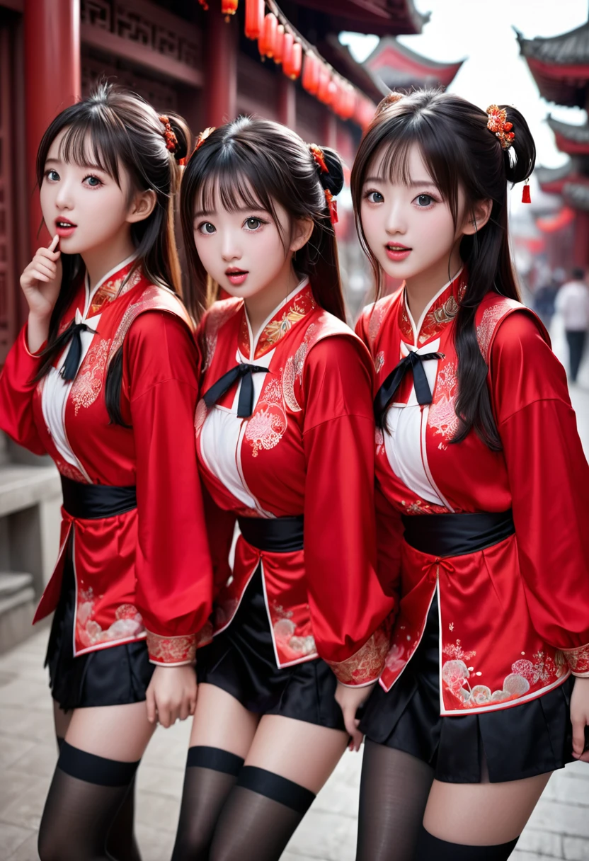 (Cute eyes:1.2), (Sparkling eyes:1.2), Highest quality,wonderful,finely,Highly detailed CG Unity 8k wallpaper, (Stand in line:1.2), (Three Girls, Cute eyes, Red Chinese clothing , Dressed), (Medium Bust), (Open your mouth:1.1), (Long Tongue:1.1), (Drooling from the mouth:1.1), (Black Stockings:1.1),(Thighs:1.1),(Waistline:1.1)