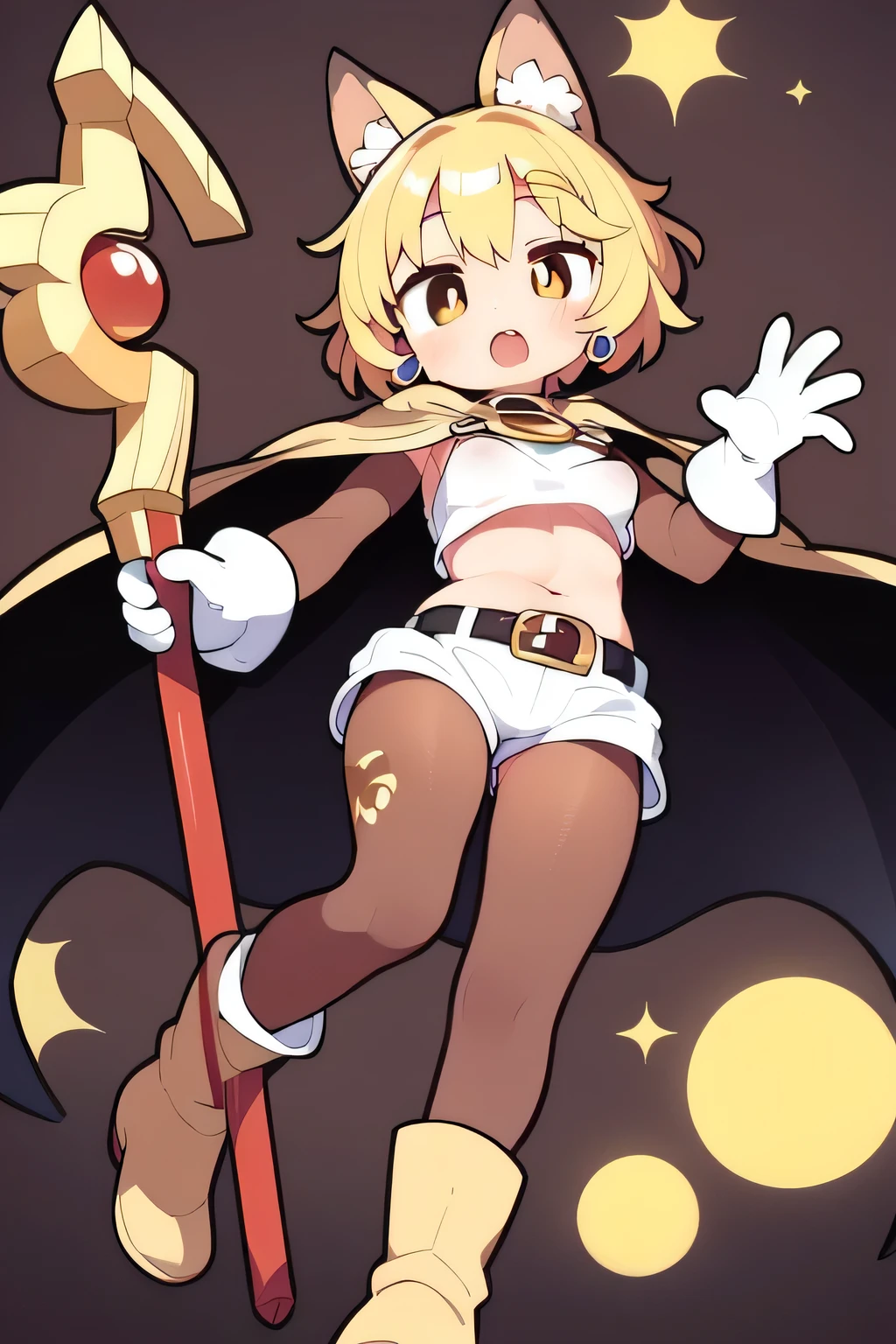 blonde hair, short hair, brown eyes, hair ornament, small_breasts, crop top, long sleeves, (covered navel), (brown bodystocking), bodysuit, cape, yellow gloves, belt, white shorts, white boots, jewelry, holding staff,