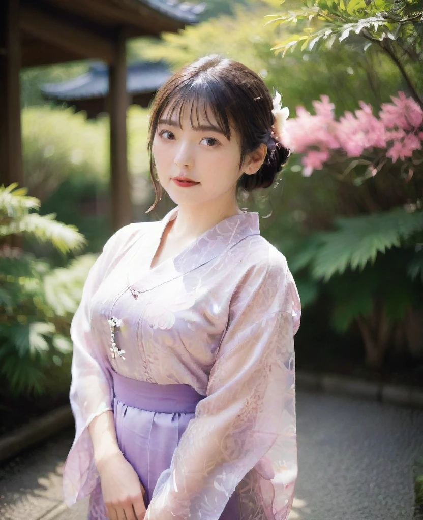  A woman wearing a transparent yukata、Japanese garden、in the garden、Veranda