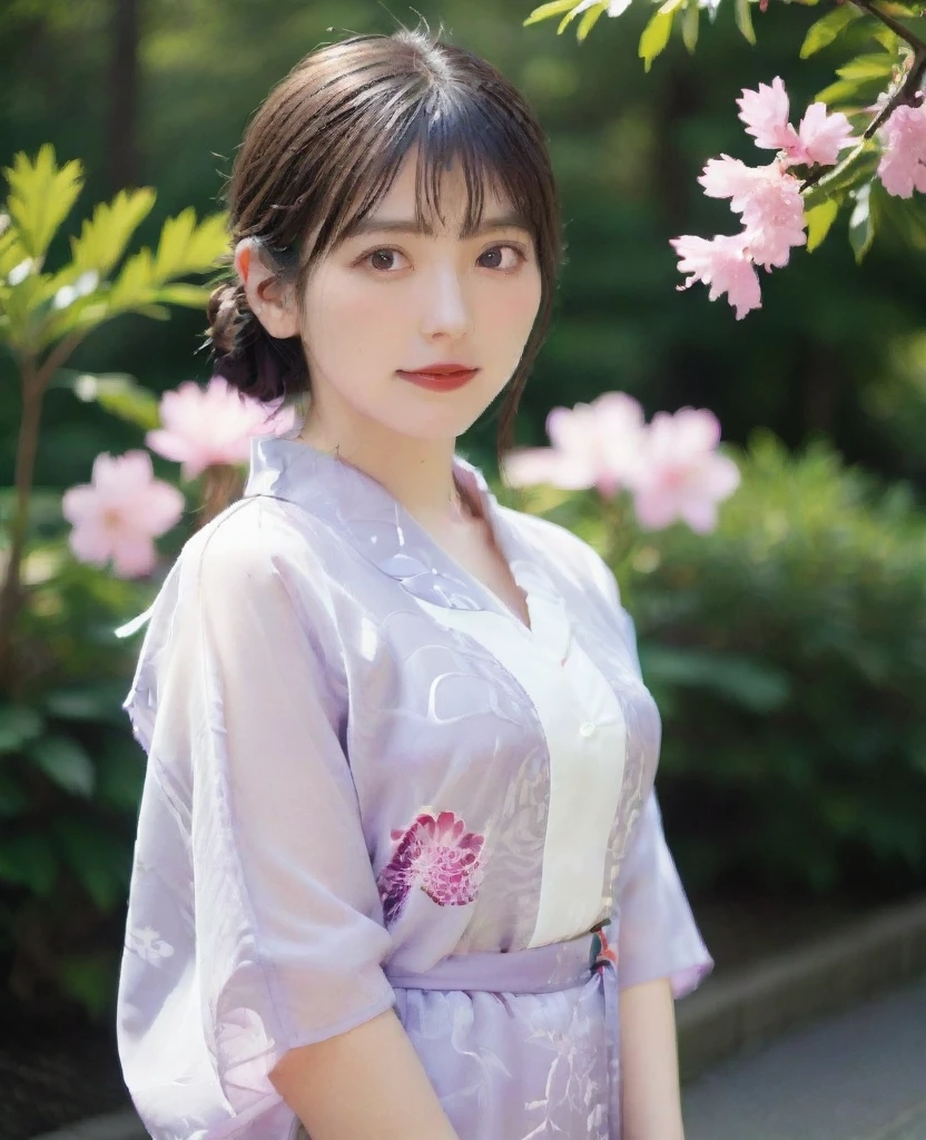  A woman wearing a transparent yukata、Japanese garden、in the garden、Veranda