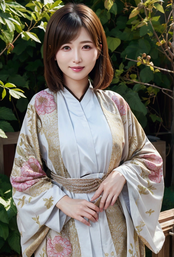 16K、8k、Highest quality、masterpiece、Ultra-high resolution、Highly detailed face:1.3、Very detailed and delicate、SIGMA85mm F/1.4、Very beautiful and delicate、Mid-range shot、Japanese、30 year old attractive woman、Very beautiful woman、slender、Beautiful Eyes、smile、Medium brown hair、kimono、sunlight