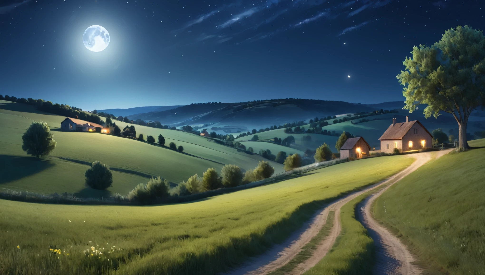night,countryside,star,moon,Highest quality, 8k, High resolution, masterpiece:1.2, Very detailed, Realistic:1.37, High resolution, 超High resolution, Very detailed, Professional, Vibrant colors