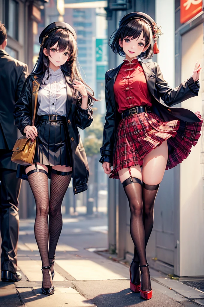 (full body:1.4), Pretty 27 yo Chinese woman, Short, beautiful figure, cute butt. (smile), Jacket, blouse, ruffle skirt, fishnets, high heels.
