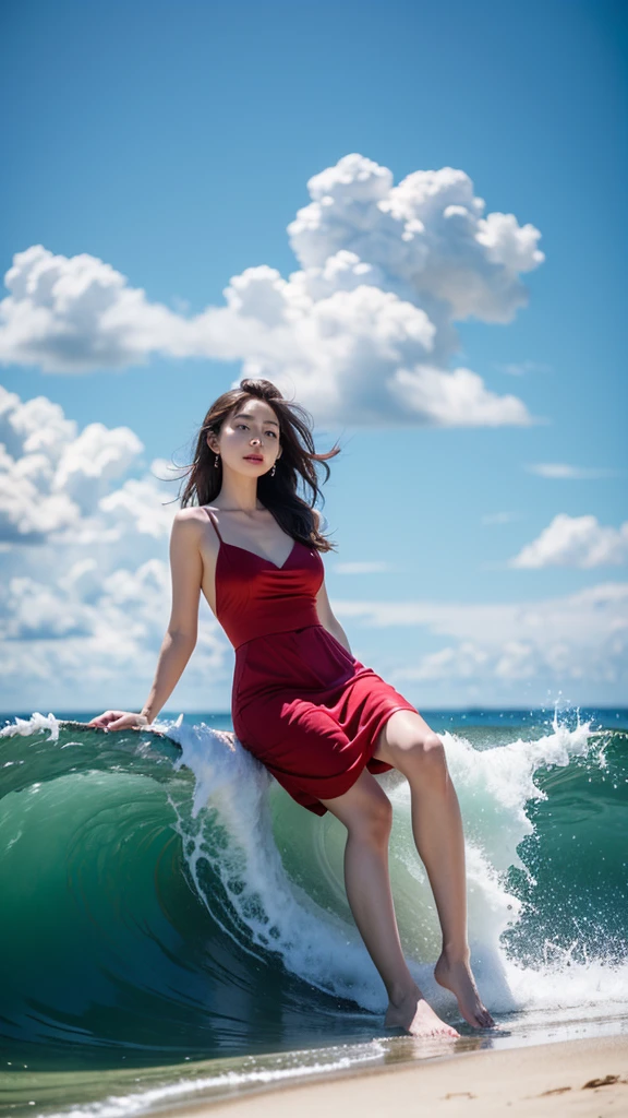 Highest quality,masterpiece,Ultra-high resolution,(Actual:1.4),オリジナルphotograph,Ultra-high resolution,summer,Blue sky,blue sky,8k,Beautiful woman,cute,beautiful,summer,Beach,Fair skin,Exquisite makeup,Big waves,Red Dress,Sandy Beach,Long legs,Bright and beautiful,Blue sky,Clouds flowing、A scene from a movie,photograph,
