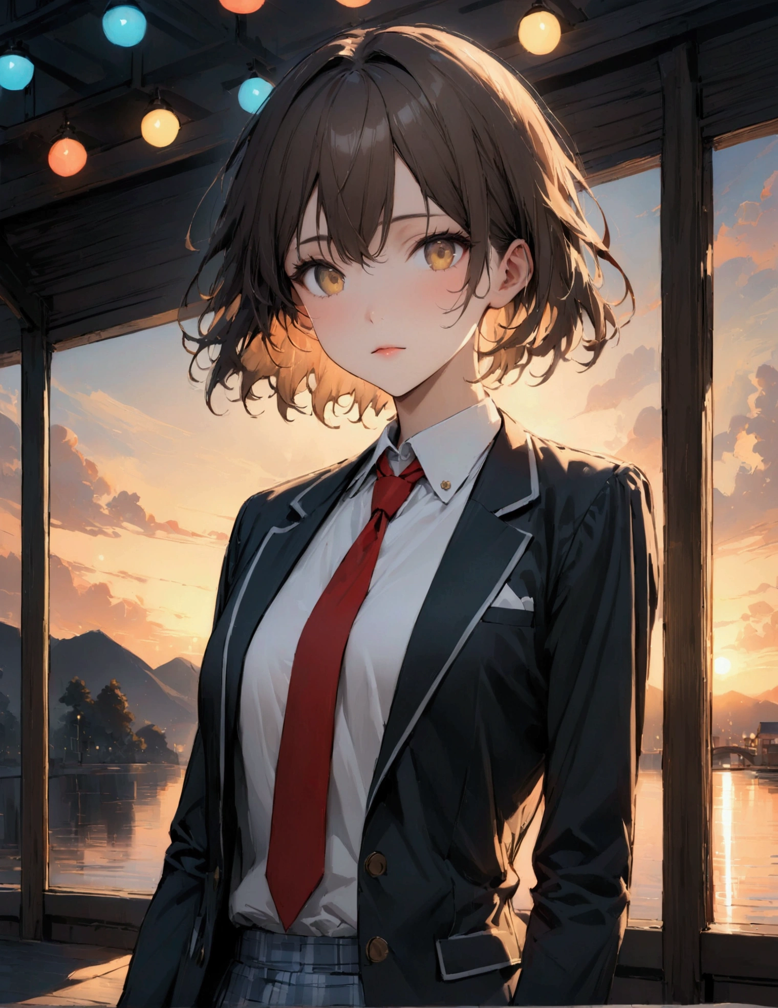 (masterpiece:1.3),(最high quality:1.4),(Very detailedな:1.5),High resolution,Very detailed,8k,artwork,High level of detail,rendering,high quality,Wide range of colors, Beautiful illustrations, (Natural Side Lighting, Cinema Lighting), View your audience, Cowboy Shot, Front view,((One man))Anime Shōnen,good looking、 Japanese, high school student, Perfect Face, Nice, Symmetrical face, Brown Hair,short hair、 Golden Eyes, Beautiful attention to detail,Nice体, refer, (((ネイビーblazer, blazer), White shirt, Light blue checked pants, Red tie),
(Beautiful views), evening, River side, walk, Nice顔,
