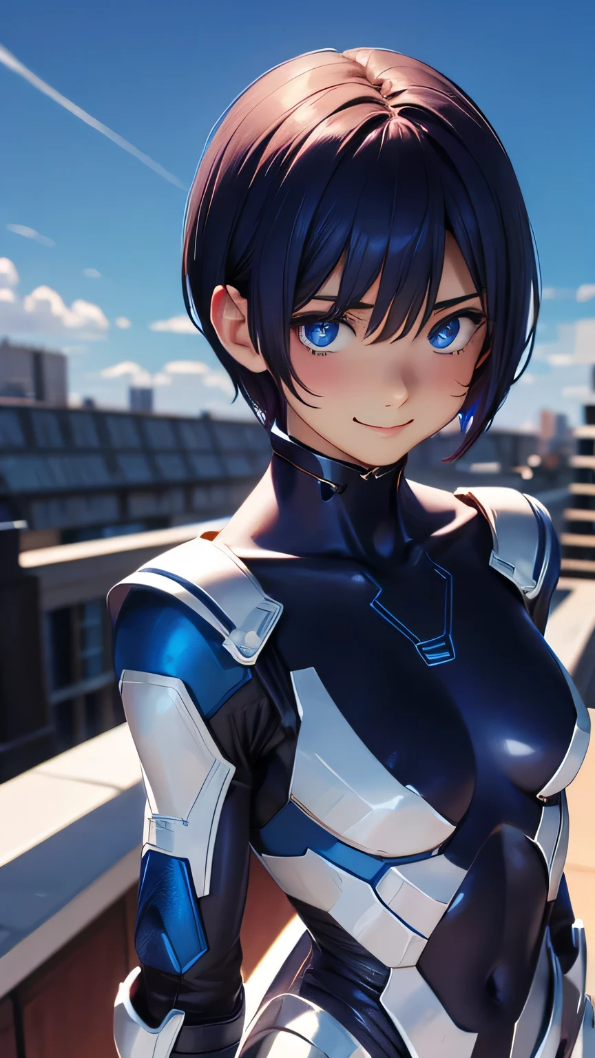 highest quality、Realistic、male、zoom、Cobalt blue eyes、maroon short hair、Hero Suit、Glossy white bodysuit、Blue accents、slender、Dark Skin、Rooftop、An inappropriate smile、Bust Shot、