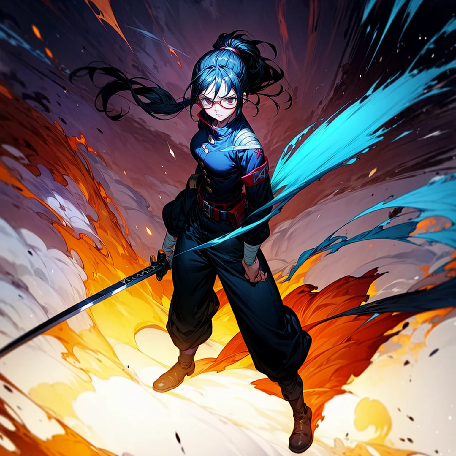 Grassroot, full body version, solo, girl, glasses, black colour hair, ponytail hair, brown eyes, sad eyes, red lipstick, soldier clothing, bandage, belts, long pants, boots, shadow, (Hunter x Hunter style art), standing gesture, sword in hand, Fire on sword, light fire on sword, smoke effect, plasma effect, blood on background, lighting effect on eyes, motion blur 