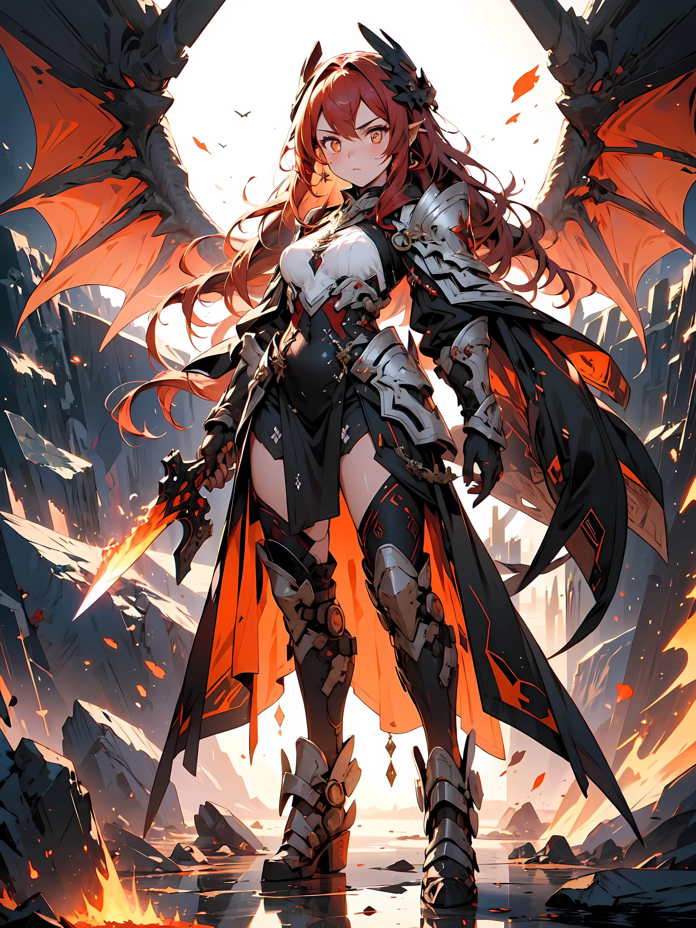 ((full body shot)) of a girl in regal, fire-themed armor with intricate gold and red details, standing in a blazing, volcanic landscape. She has long, flowing fiery red hair and intense, glowing amber eyes. Her skin has a warm, sun-kissed hue, and she is adorned with molten lava-like patterns. She holds a majestic sword engulfed in roaring flames, casting a bright, fiery light. The atmosphere is {intense|majestic}, with lava flows and embers illuminating the scene. The ground beneath her is cracked, molten earth, reflecting the intense light and adding to the fiery ambiance. Surrounding her are jagged rocks and bursts of flame in shades of {red|orange}, casting a fierce, incandescent glow. The background features towering volcanic peaks and a sky filled with ash and smoke, hinting at a powerful, fiery kingdom. The scene is dynamic and awe-inspiring, with her face showing a determined yet regal expression, her eyes focused intently on her blazing domain.

[Best quality], [Masterpiece], [Ultra-detailed], [4k], {intense|majestic} atmosphere, fiery kingdom, {dynamic pose|regal pose}, blazing illumination, {soft shadows|dramatic lighting}, {reflected light on molten earth:0.7}, {jagged rocks:0.6}, {bursts of flame:0.5}, {volcanic peaks:0.4}, {ash-filled sky:0.3}.