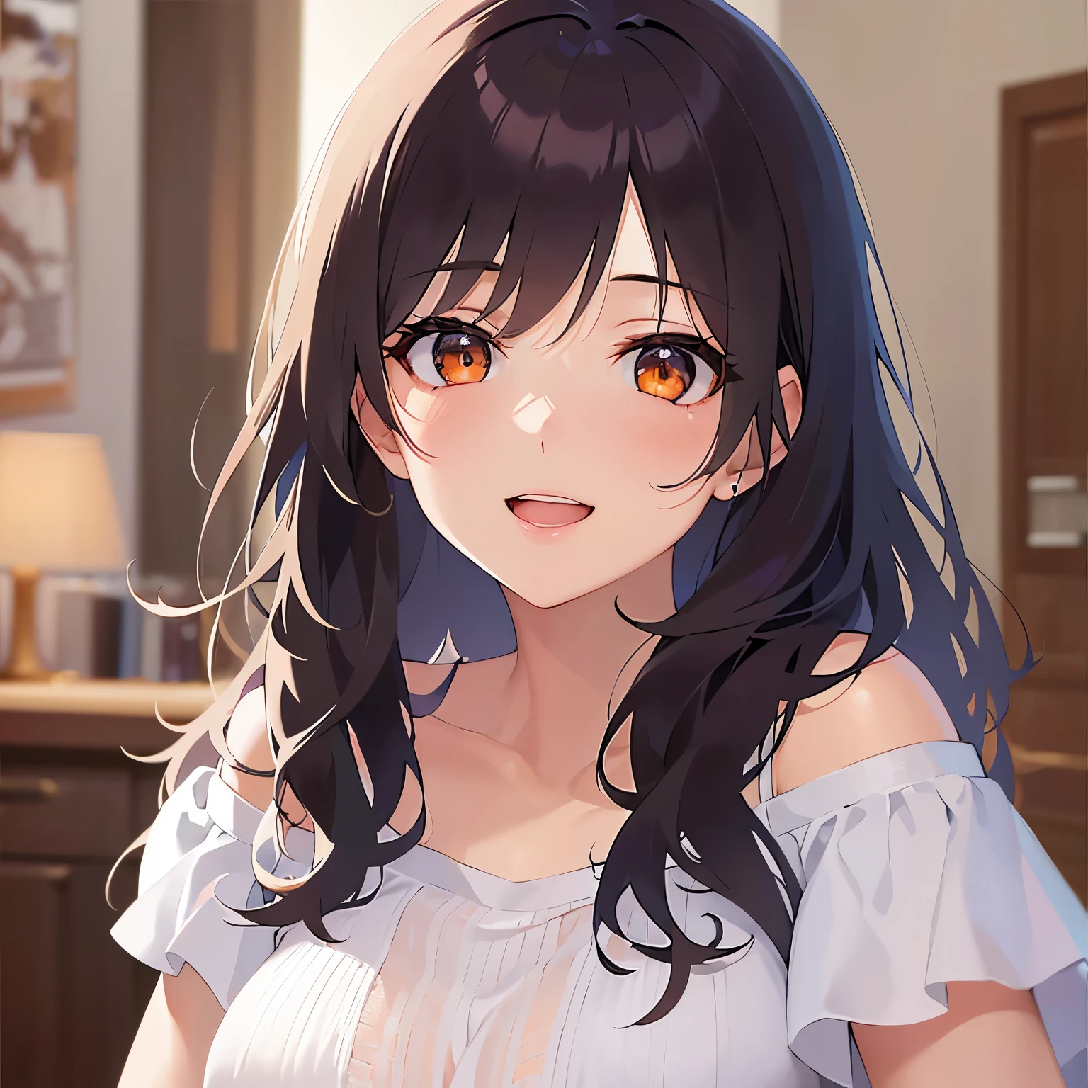 Detailed CG,Ultra-fine illustrations,masterpiece,Highest quality,BREAK(white:1.5)and(Off-the-shoulder blouse)BREAK,Realistic,Real person,RAW Photos,Realistic(青whiteい肌:1.2),Glowing Skin,Shiny Hair,(A 27-year-old woman with medium-length hair and bangs)and(Wavy Hair)and(Brown Hair)and(Orange eyes),(smile:1.3),(open mouth),The background is the living room,alone,hand on own chest,(Biologically correct５Finger)