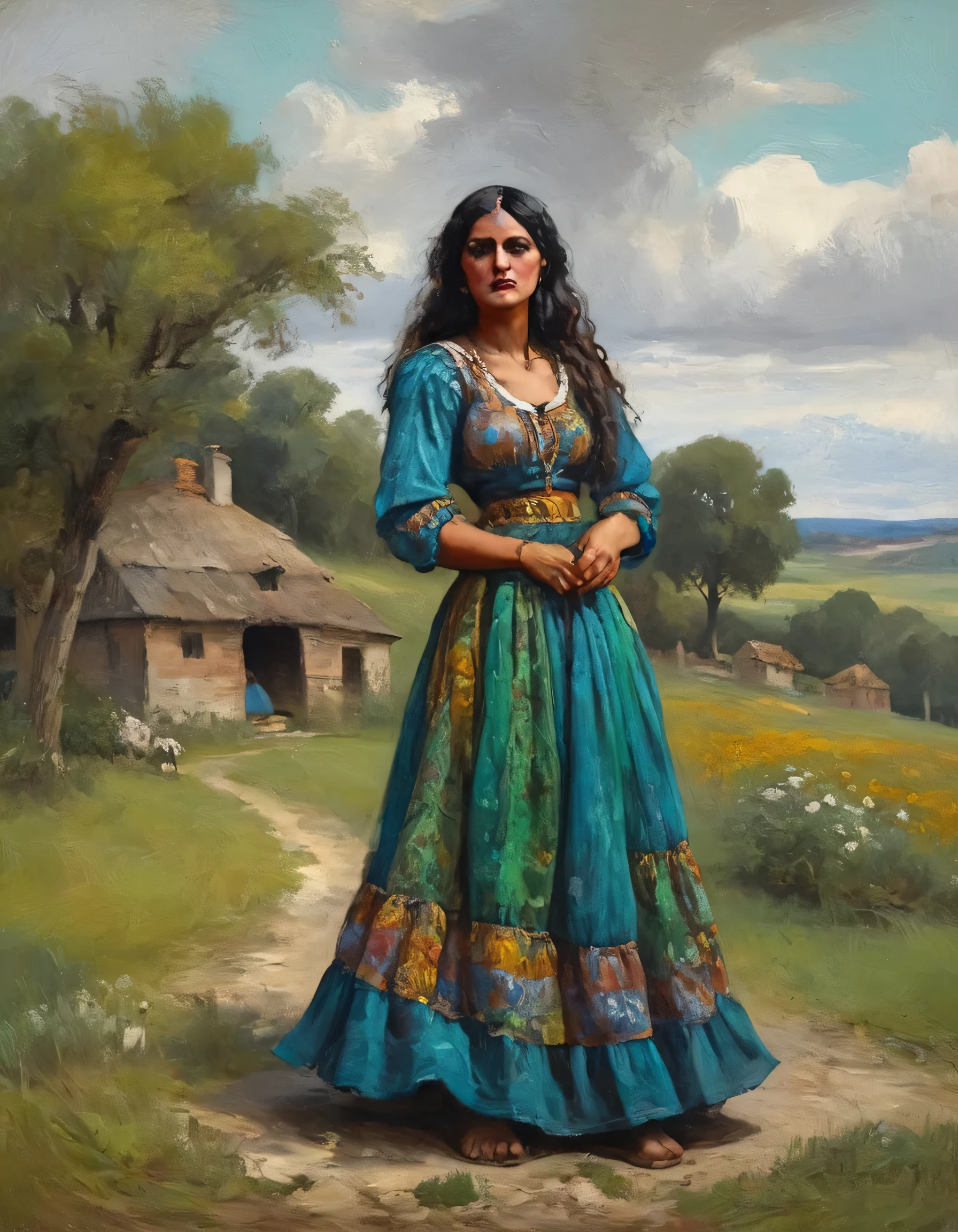 centralized oil painting a landscape panoramic view of with a beautifull landscape and one rustic house, full body a beautiful gypsy woman wearing a blue and green dress (4:8), acentuade collors, walking in front a house, magnifent oil painting, artstation style, ((no estilo de Jean-Baptiste Greuze / Alberto Altdorfer )) fantasy art style by Abigail Larson, Ralph Blakelock, john william waterhouse, chiaro scuro techniques, high detail, 8k, style midjourney
