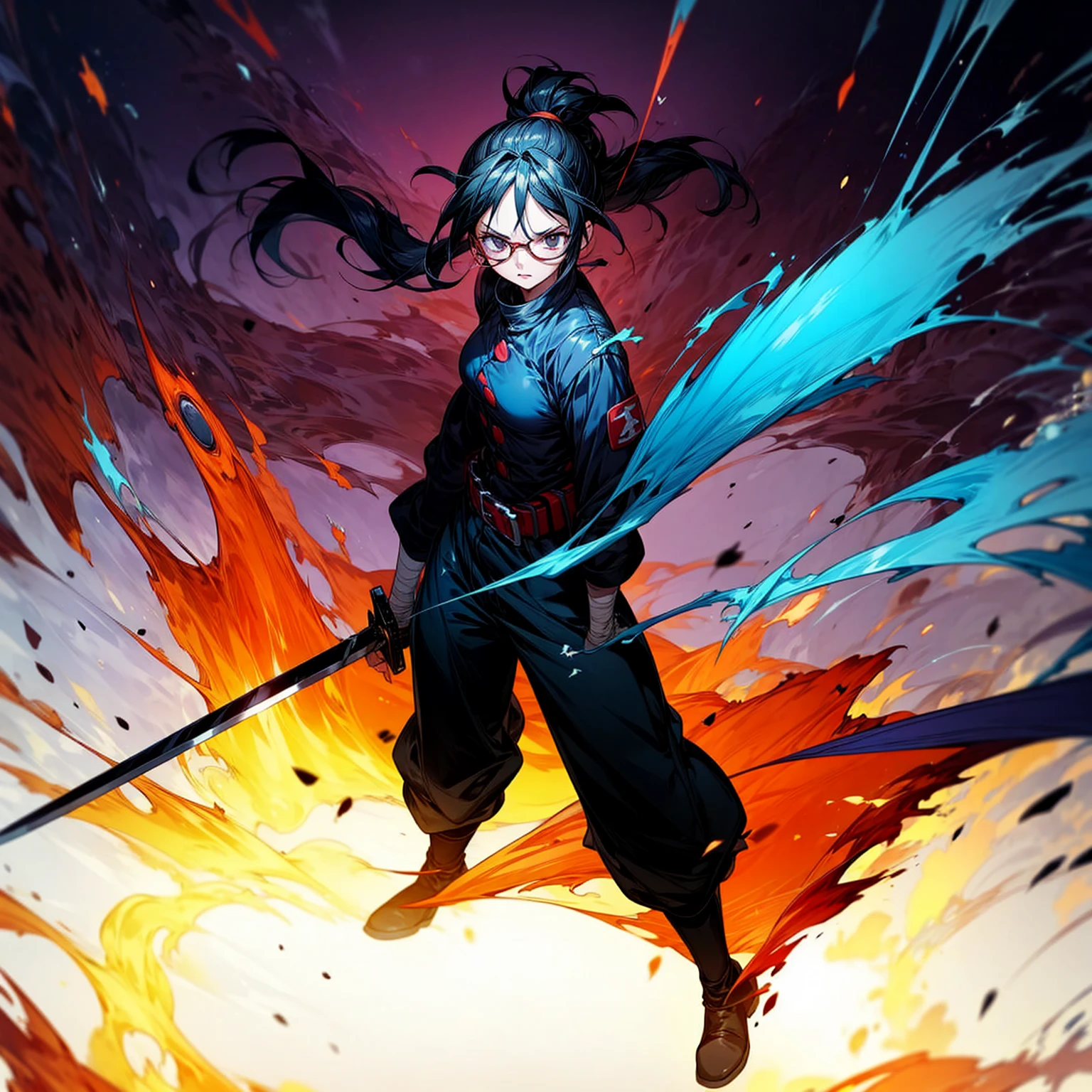 Grassroot, full body version, solo, girl, glasses, black colour hair, ponytail hair, brown eyes, sad eyes, red lipstick, soldier clothing, bandage, belts, long pants, boots, shadow, (Hunter x Hunter style art), standing gesture, sword in hand, Fire on sword, light fire on sword, smoke effect, plasma effect, blood on background, lighting effect on eyes, motion blur 