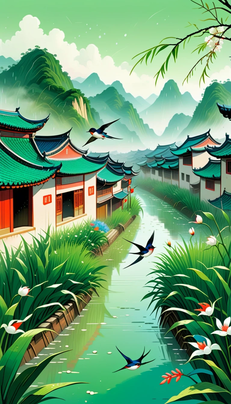 Qingming Festival Chinese countryside, plants and flowers, swallows, wicker, rice field, light rain, river, bright, spring green, bright background, blank at the top of the frame, flat illustration, Victo Ngai style,(The background at the top of the screen is blank:1.4)