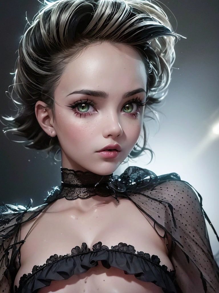 (Obra maestra:1.2), Mejor calidad, (illustration:1.2), (ultra detallado), hiper detalles, (delicado detallado), (detalles intrincados), (cinematic light, Mejor calidad Backlights), Delete line, solista, Cuerpo perfecto, (1 chica), In the style of Tim Burton, a hyper realism hd vintage gothic anime girl, a punk rock creature, long lashed eyes speckled with silver, cheeks flushed with colour, dark lips slightly parted, high cheekbones, surrounded by flecks of electrical sparks, (constituir), alto contraste, (mejor iluminacion, un extremadamente creado y hermoso), (cinematic light), vistoso,