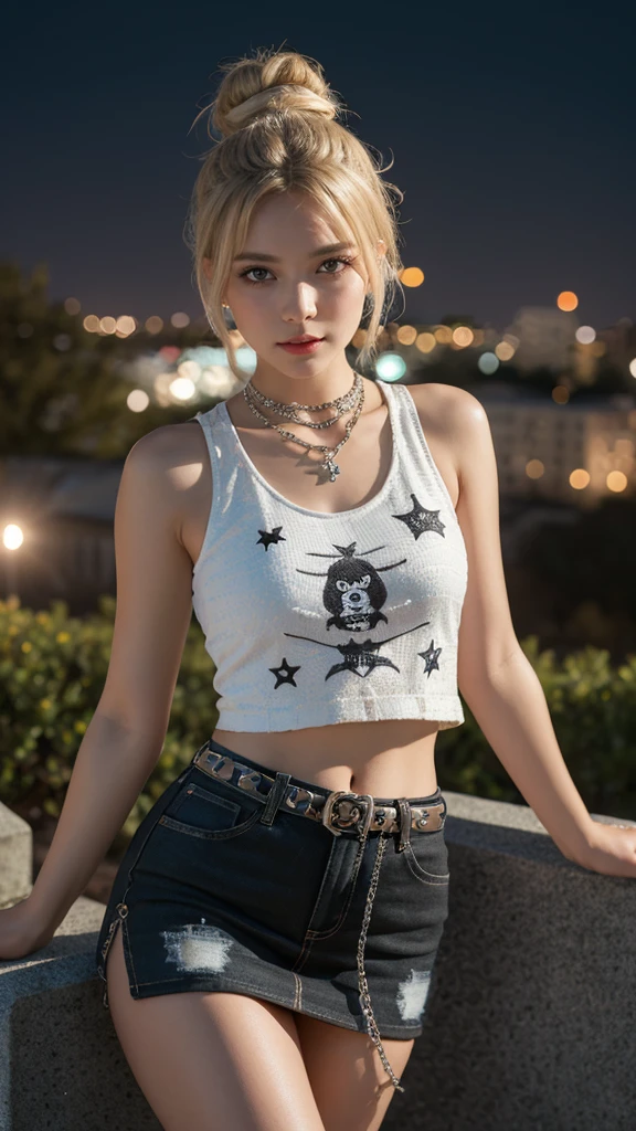 (Ultra-detailed eyes), (((textile shading))), (((Best Quality))), (((masterpiece))), (((Ultra realistic))), fat, sassy girl, Halloween girl, blonde topknot bun hair, unusual hairstyle, Emo Pin up Girl, star printed tank top, plaid mini skirt, star printed patterned stocking, silver chain, arm warmers, black and white outfit, Striking a pose, natural make up, in a grave, spooky, midshot, centered image, good girl, innocent girl, at night, led lighting