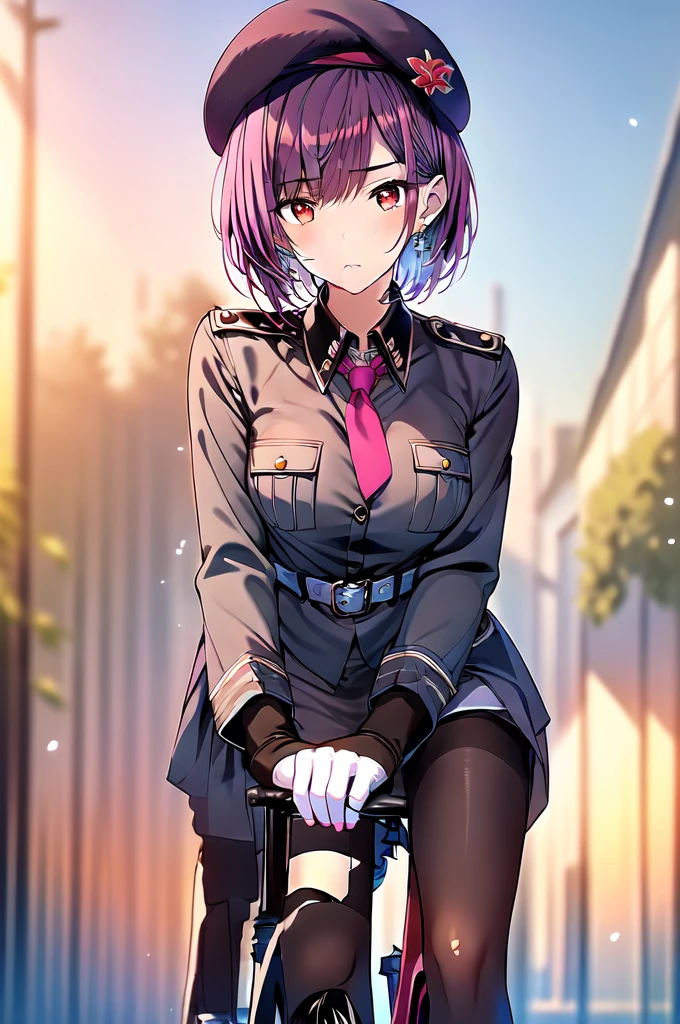 masterpiece, Highest quality, High resolution, Super detailed, One girl, (((ride a bicycle))), , school bag,pantyhose、skirt、uniform、hat、gloves、Fuchsia Hair、short hair、military、whole body、uniform、Looking at the viewer、白いgloves、Red eyes、tie、beret、白いskirt、White belt、Black footwear、Jacket、白いペンシル skirt、黒いpantyhose、Long sleeve、紫色のtie、bangs、High heels、Earrings、Shut your mouth.、chest、