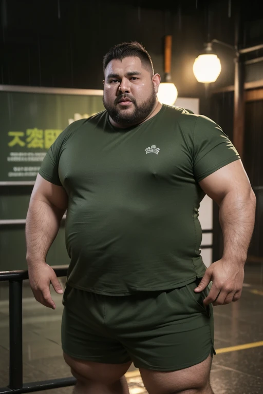 Under heavy rain,There was a brown bear orc wearing a tight army green short-sleeved shirt and shorts standing guard with his back to me.,He was wearing brown combat boots.,Wear long white socks,This bear-like man has big arms and a thick waist.,Obese,Fat-wrapped muscles,No belly,And he's a head taller than me.,Beard,Buzz cut。Already wet in the rain,But still insist on standing guard,Stand in military posture,Very dedicated。