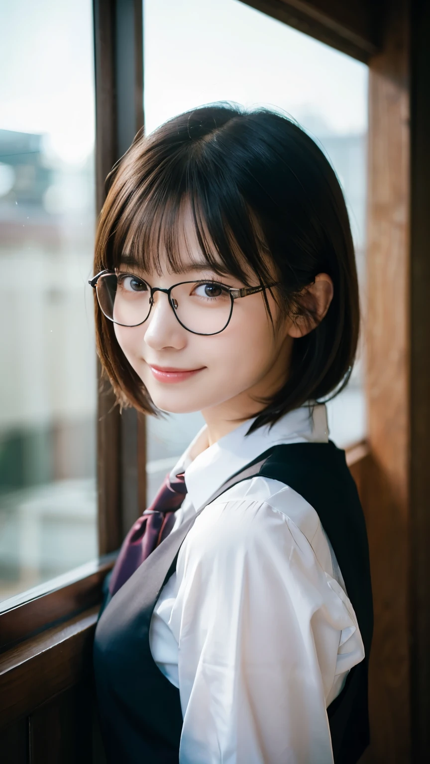(Highest quality,masterpiece:1.3,Ultra-high resolution),(Very detailed,Caustics,8k),(Realistic:1.4,RAW shooting),A girl dressed as a butler,Japanese,boyish,smile,20-year-old,Short black hair,Glasses,Looking into the camera,Inside the Western-style building,Waist up shot,front,Face Focus,Face close-up,(Warm Light),Professional Writing
