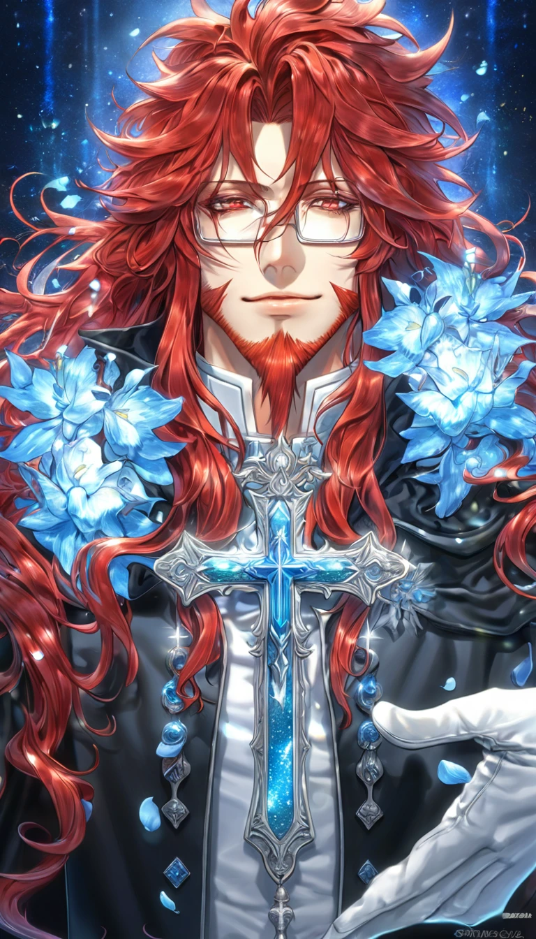 absurdres, highres, ultra detailed, HDR, master piece, Marian Cross, red hair, messy hair, long hair, red goatee beard, expressive red eyes, black coat, rectangular glasses, white gloves, D.Gray-Man, sexy man, handsome, best quality, blue flowers, fantasy, solo, blue shining fireflies, blue petals, sensual, handsome smile, starry sky, shining, blue blossoms