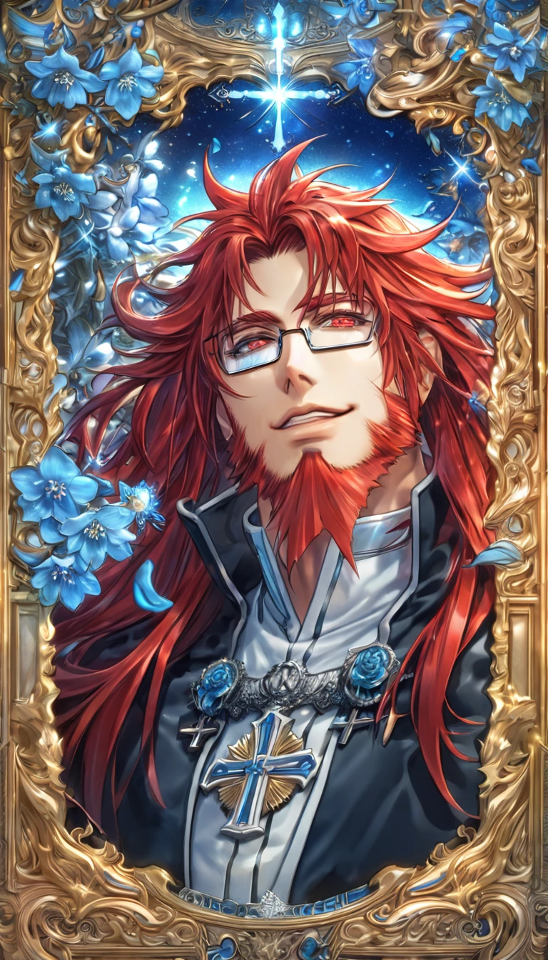 absurdres, highres, ultra detailed, HDR, master piece, Marian Cross, red hair, messy hair, long hair, red goatee beard, expressive red eyes, black coat, rectangular glasses, white gloves, D.Gray-Man, sexy man, handsome, best quality, blue flowers, fantasy, solo, blue shining fireflies, blue petals, sensual, handsome smile, starry sky, shining, blue blossoms