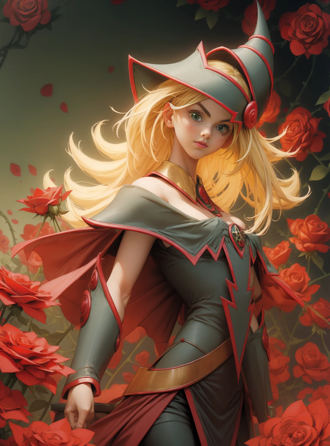 Beautiful dark magician gils. Young man with long blonde hair. green eyes. small lips. She is in a garden of red roses.. Red roses surround her. pose and innocent. red roses background.